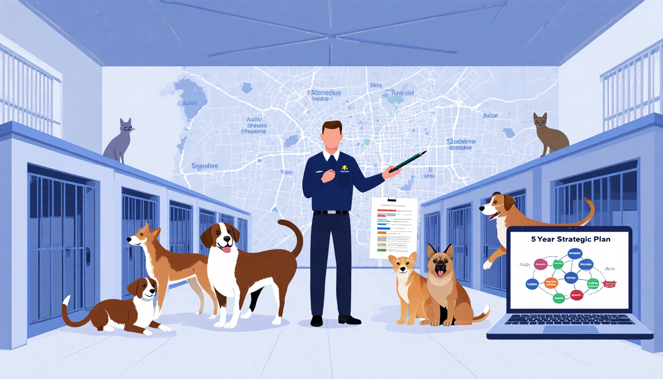 Director Dangler stands with dogs and cats beside him and a laptop displaying a collaborative map of Austin behind him