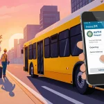 Austin bus pulling away with a 311 request panel for garbage collection and a passerby scrolling the 311 app on a smartphone