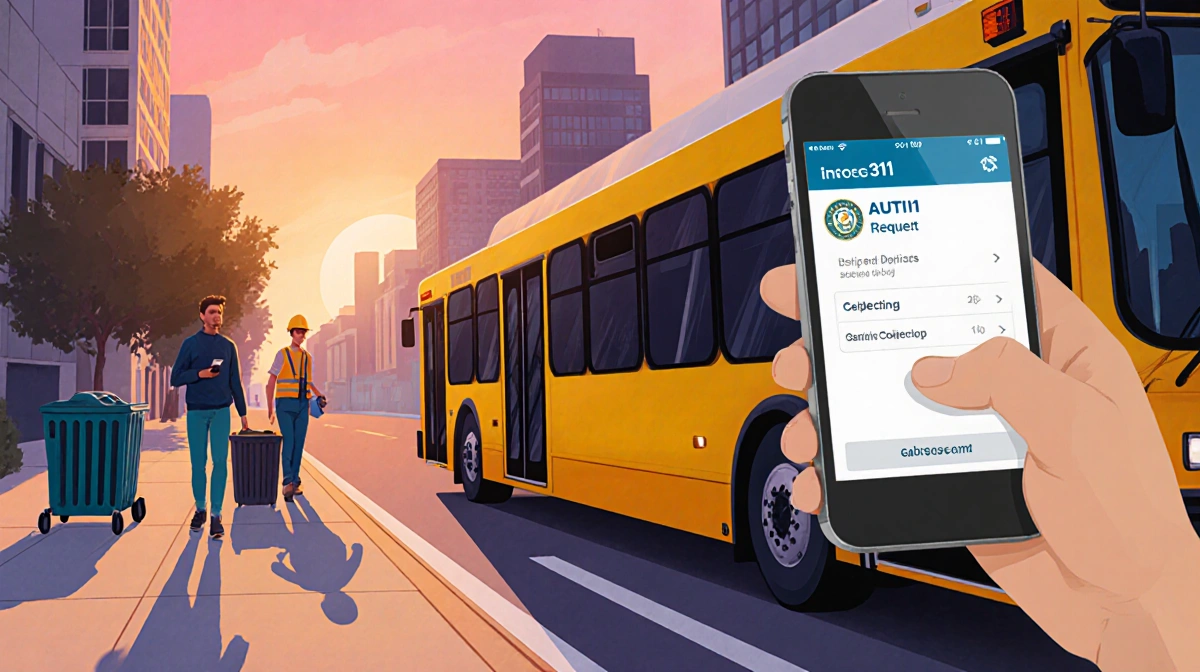Austin bus pulling away with a 311 request panel for garbage collection and a passerby scrolling the 311 app on a smartphone