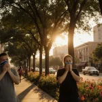 People breathing with cedar trees and Austin street reflecting allergy worries