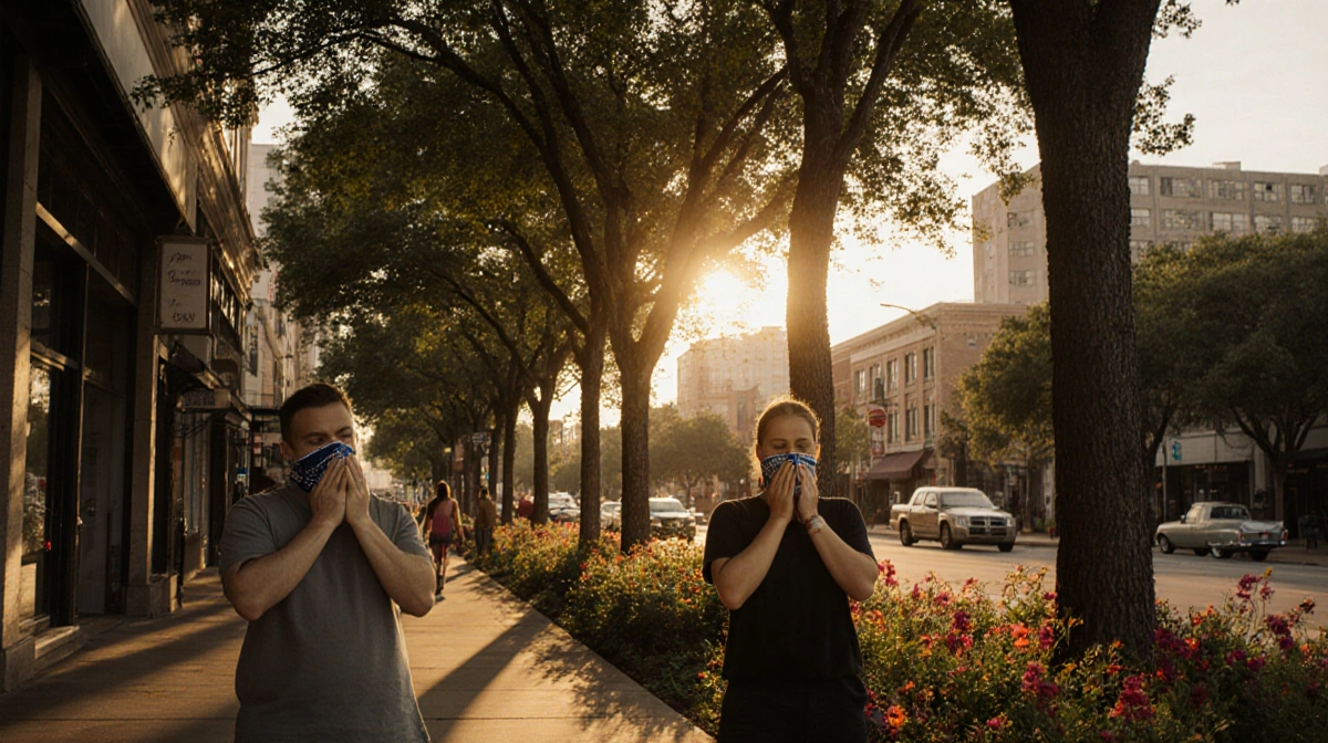 People breathing with cedar trees and Austin street reflecting allergy worries