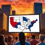 Citizens gather around screen showing election results in Austin with skyline of glass towers and sunset sky reflected