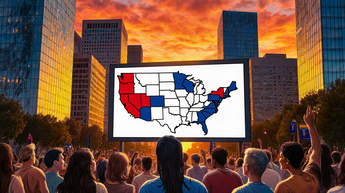 Citizens gather around screen showing election results in Austin with skyline of glass towers and sunset sky reflected