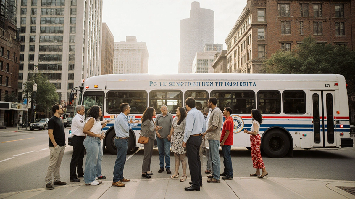 Diverse Austinites gathering around a restored city bus serving as public safety hub with modern architecture in background