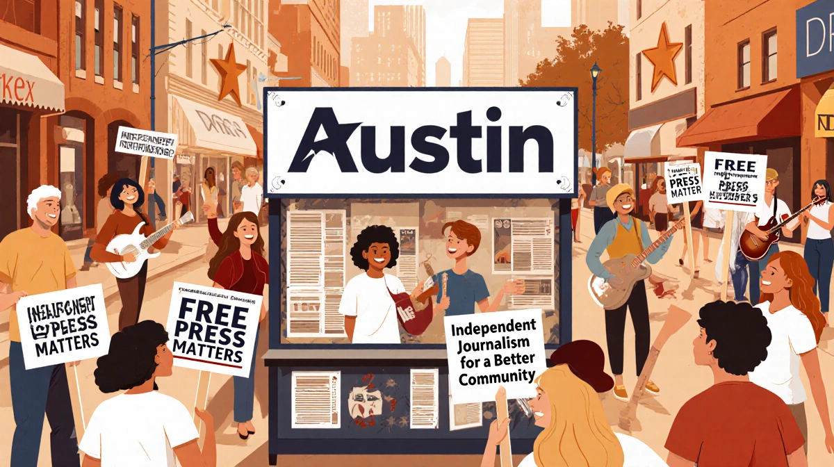 Supporters gather around Austin newsstand with <a href=