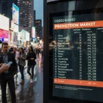Crowd gathers around a glowing prediction market board on a wet Austin street with neon reflections