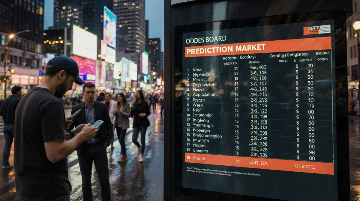 Crowd gathers around a glowing prediction market board on a wet Austin street with neon reflections