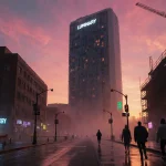 Luminary condo tower stands in mist with downtown Austin neon lights reflecting on wet pavement and caution tape nearby.