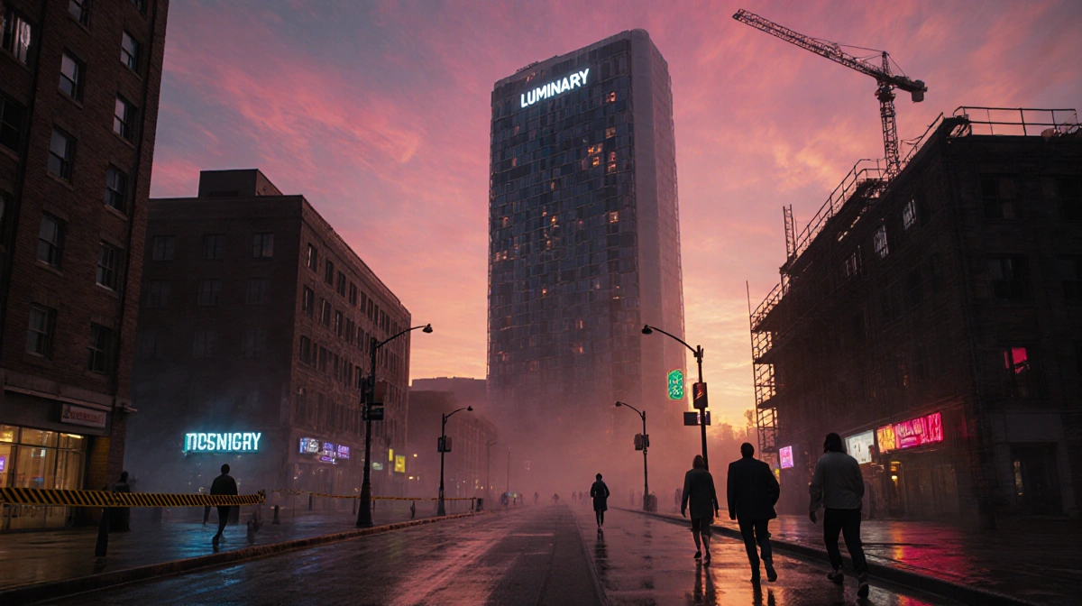 Luminary condo tower stands in mist with downtown Austin neon lights reflecting on wet pavement and caution tape nearby.