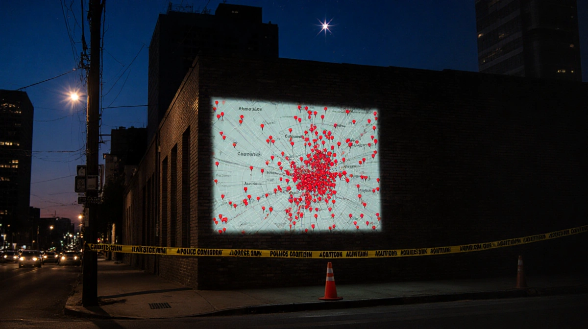 Map projecting Austin homicides onto brick wall with red pins and police tape in a dusk cityscape