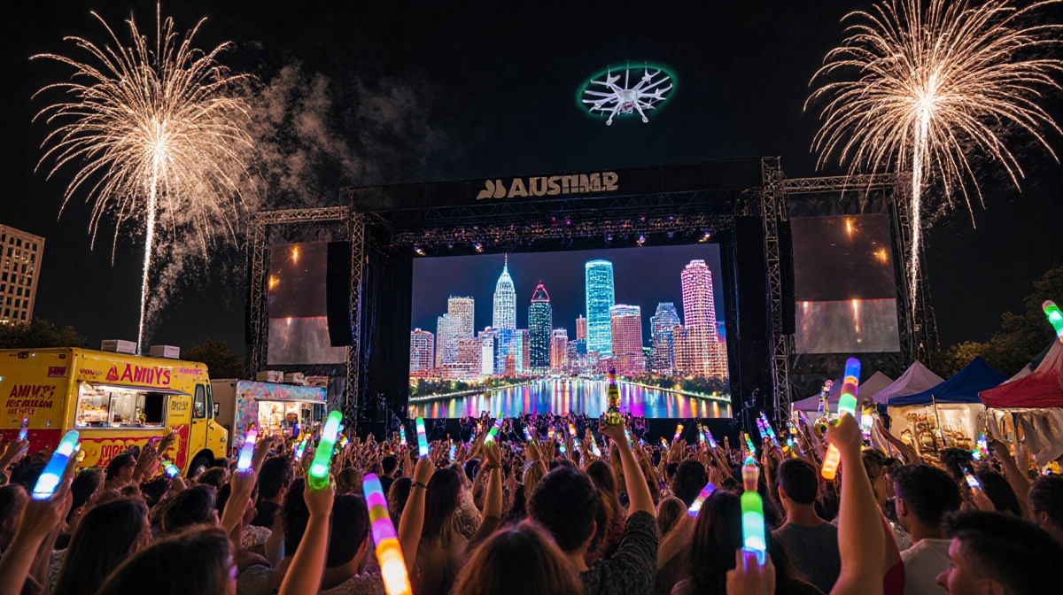 People cheering with glow sticks and champagne with fireworks and Austin skyline reflected in a screen