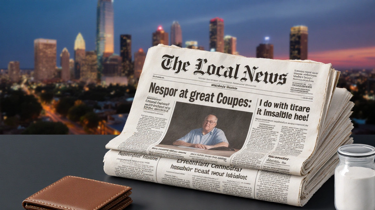 Open newspaper shows bold headlines on desk with blurred Austin skyline at dusk and donation jar in foreground