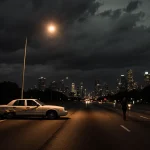 Pedestrian walking toward highway with streetlight glow and abandoned white sedan in foreground