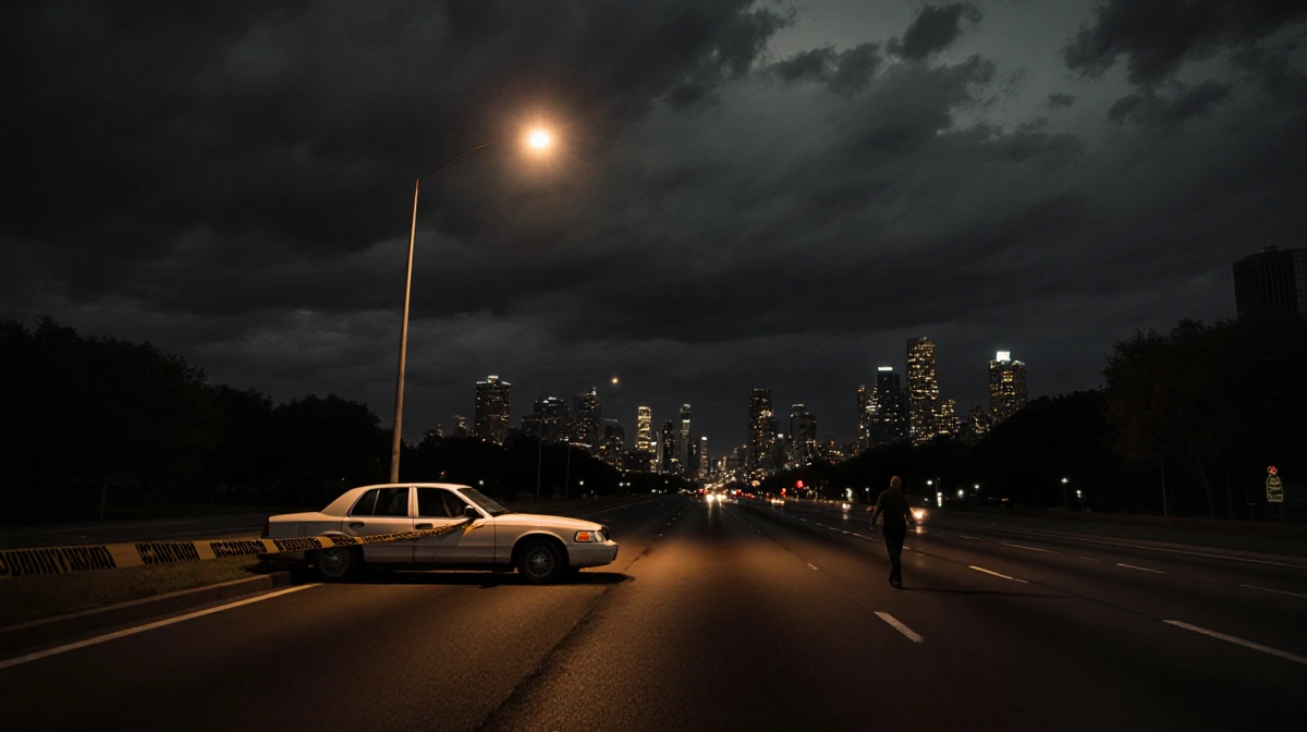 Pedestrian walking toward highway with streetlight glow and abandoned white sedan in foreground