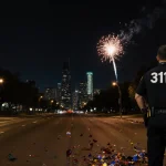 Austin 311 responder standing amid fireworks debris with a distant firework popping in downtown.