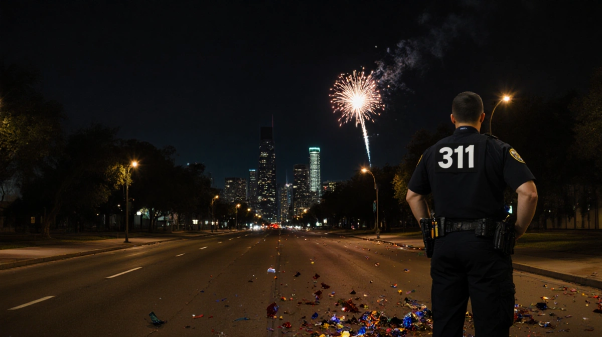 Austin 311 responder standing amid fireworks debris with a distant firework popping in downtown.