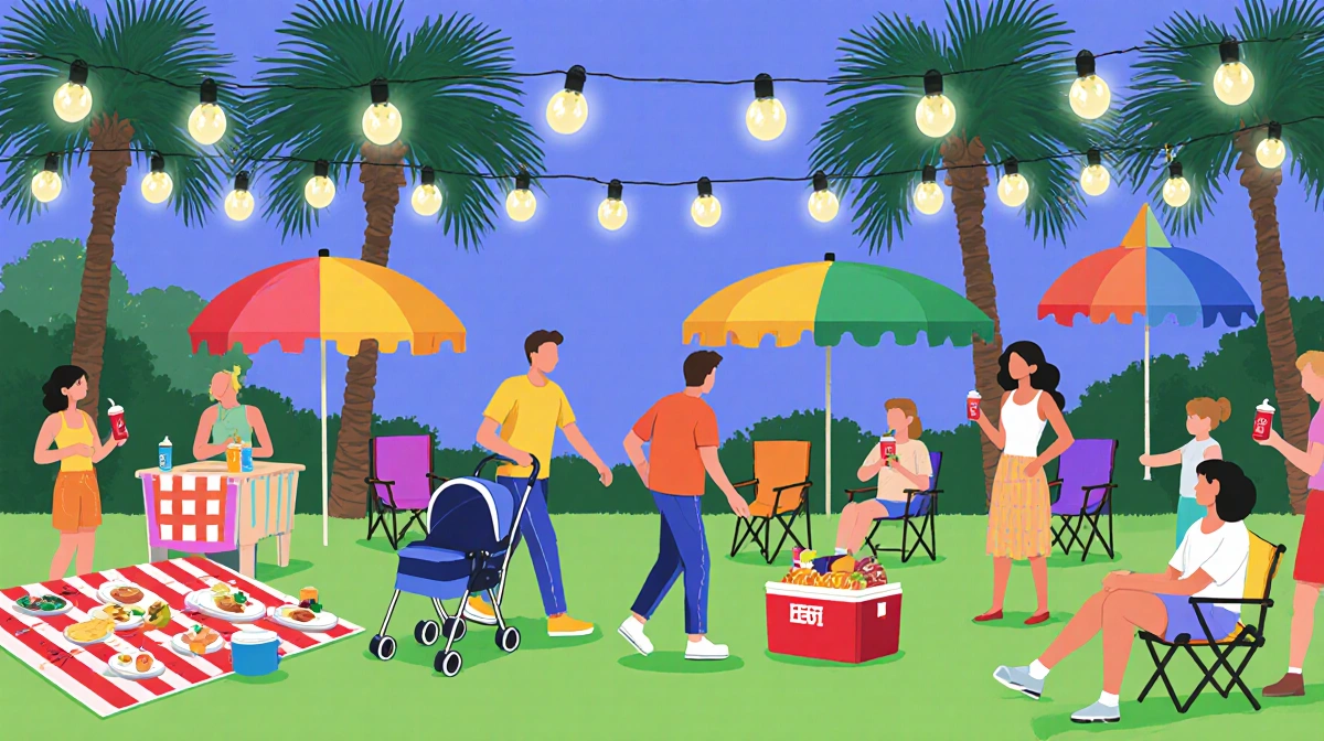 People gathering for picnic with strollers and blankets and coolers and umbrellas near Austin's string lights and palm trees