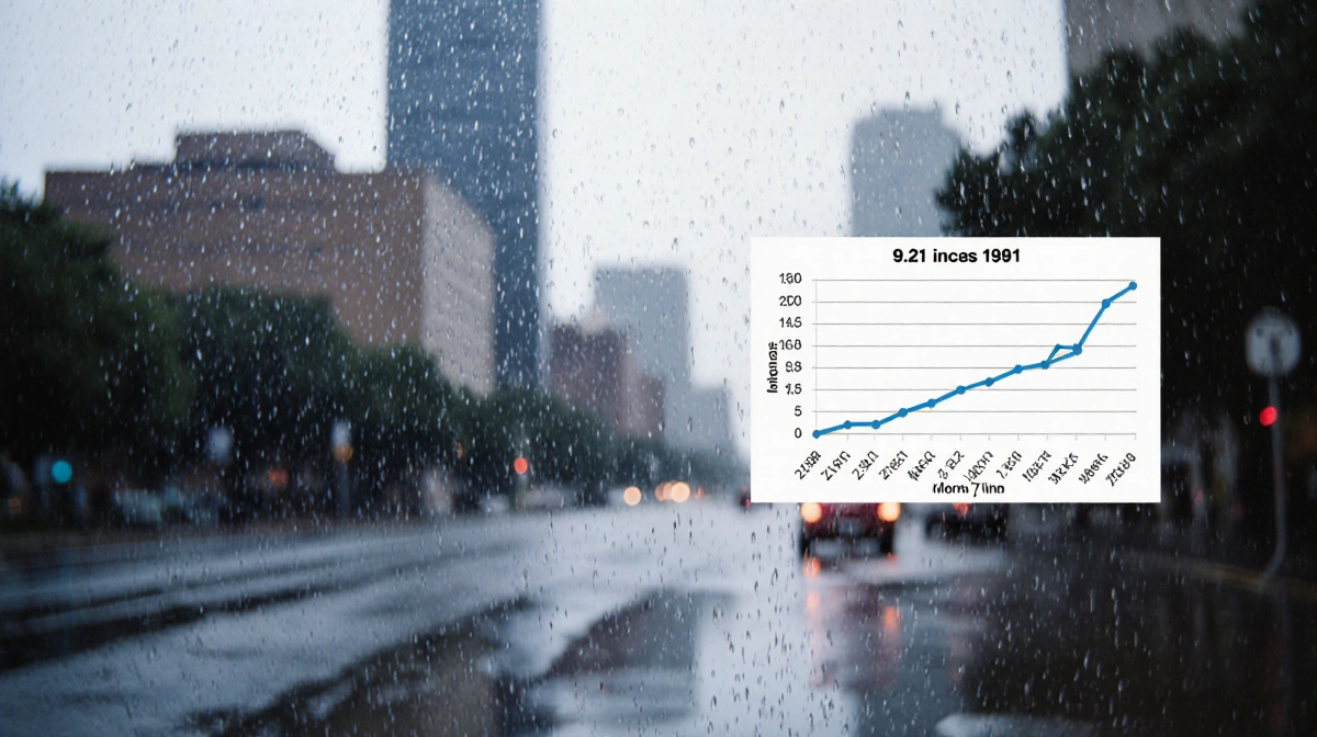 Rain falls over Austin cityscape with foreground graph showing 9.21 inches rainfall in 1991 and average 2.64 inches