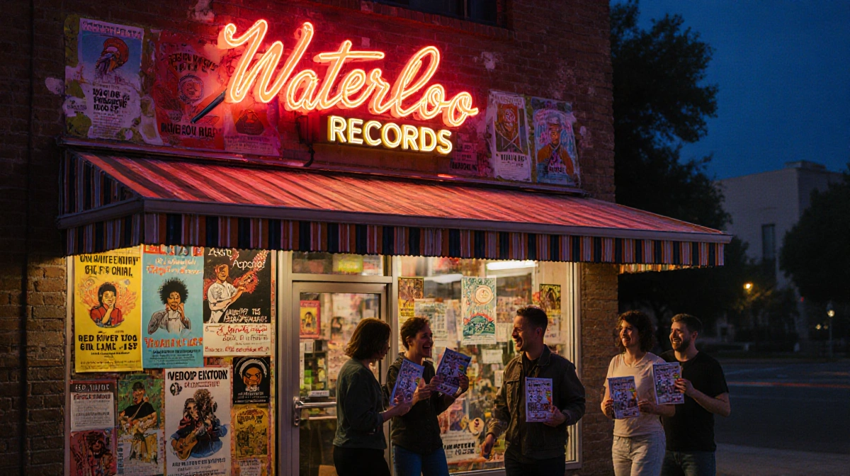 Friends celebrate outside Waterloo Records with glowing neon sign and colorful Red River music posters