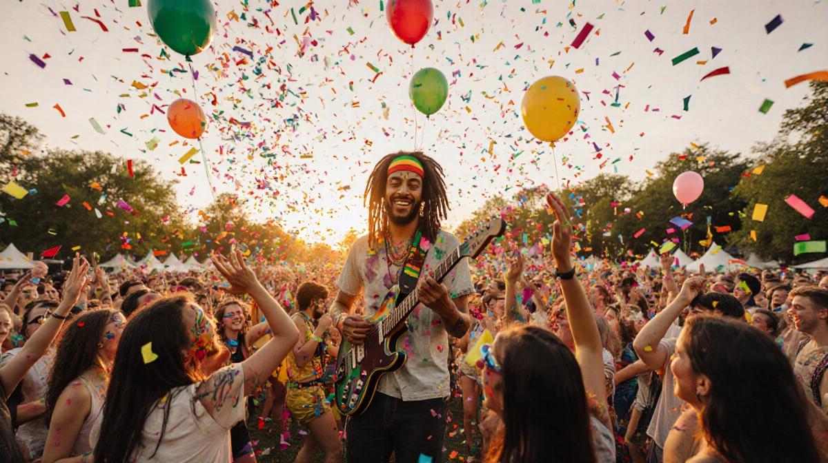Festival-goers dance under sunset at Austin Reggae Fest with guitarist on stage and confetti floating above crowd