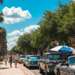 People strolling down a tree-lined Austin sidewalk with bright blue sky and palm trees