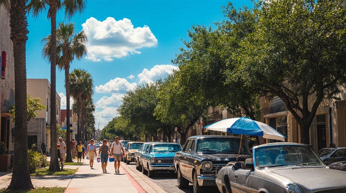 People strolling down a tree-lined Austin sidewalk with bright blue sky and palm trees