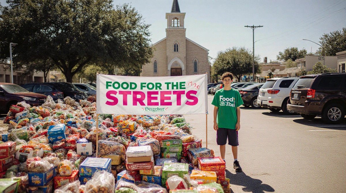 Teen volunteer stands with Food for the Streets banner and grocery donations near church building