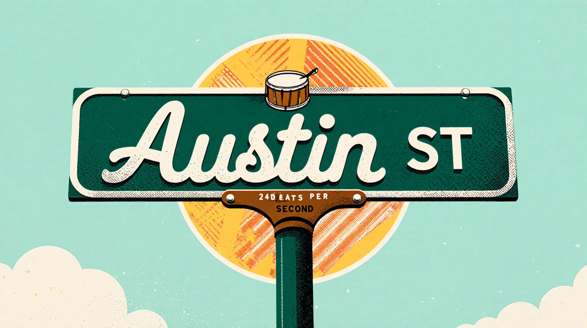 Stylized Austin street sign reading 24 Beats Per Second with guitar and drum integrated into vibrant design