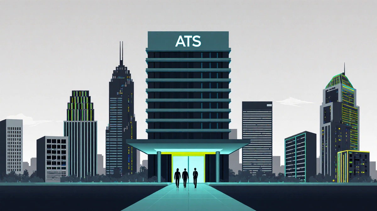 IT professionals entering modern ATS building with streamlined architecture and neon accents showing centralized technology c