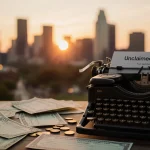 Vintage typewriter resting with unclaimed checks and coins near it and Austin skyline blurred at sunset.
