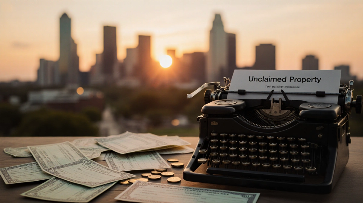 Vintage typewriter resting with unclaimed checks and coins near it and Austin skyline blurred at sunset.