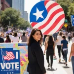 Gina Hinojosa standing with a large “I Voted” sign and city map in a bustling Austin street