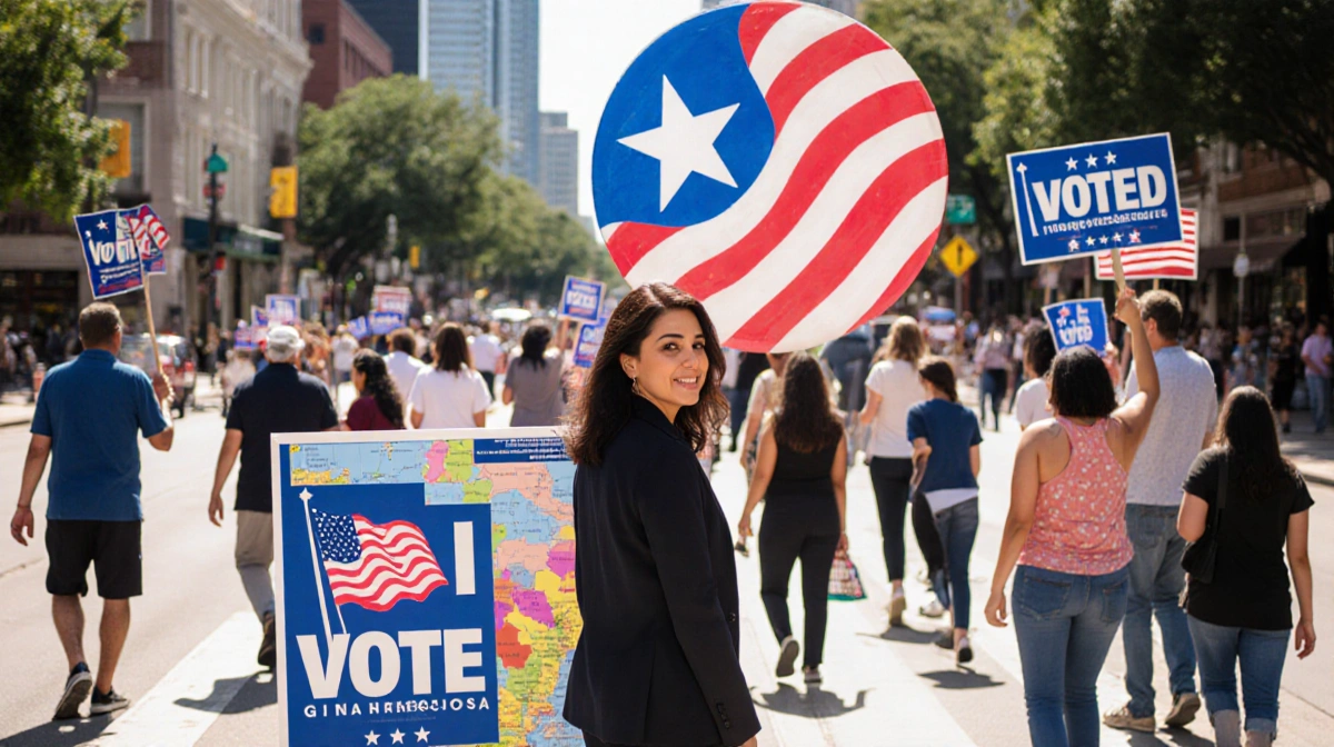 Gina Hinojosa standing with a large “I Voted” sign and city map in a bustling Austin street