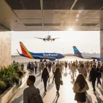 Passengers mingling with lush greenery and colorful street art and Austin airport Southwest planes taking off overhead