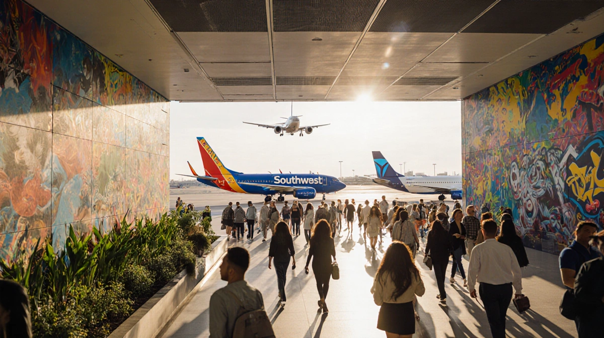 Passengers mingling with lush greenery and colorful street art and Austin airport Southwest planes taking off overhead