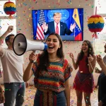 Young woman holding megaphone with Austinites friends cheering in Latin Venezuelan textiles celebrating news before big scree
