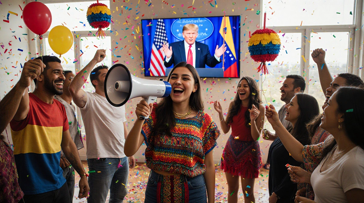 Young woman holding megaphone with Austinites friends cheering in Latin Venezuelan textiles celebrating news before big scree
