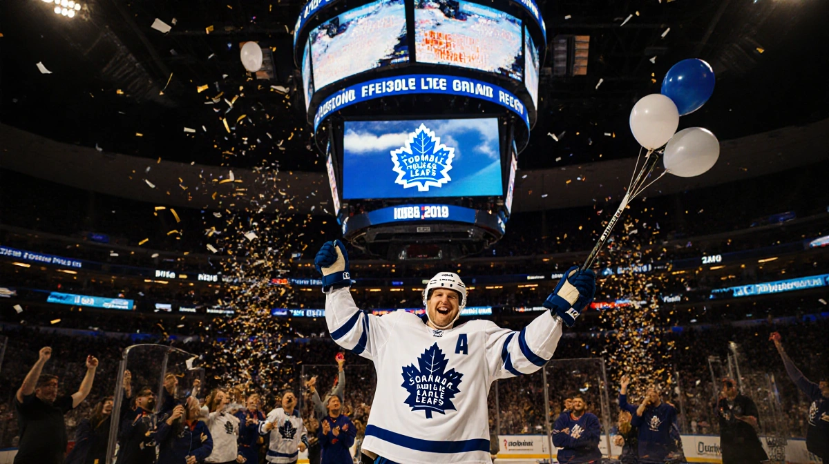 Auston Matthews raises his stick in celebration with confetti and the Toronto Maple Leafs logo in the background