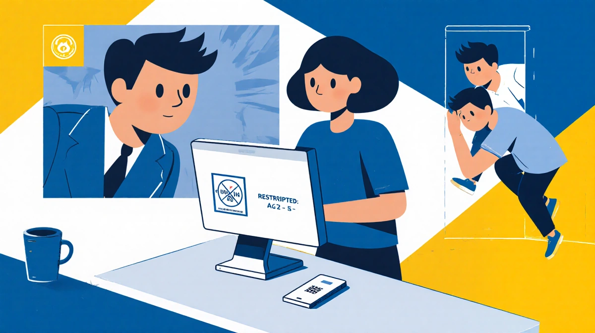 Teen sits at computer with restricted message on screen and blurred figure sneaking behind showing social media ban bypass at