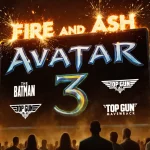 U.S. box office chart displaying Avatar 3 at top with golden light and sparks around title.