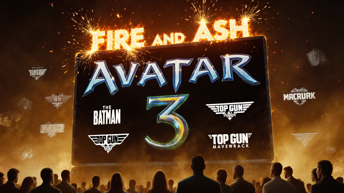 U.S. box office chart displaying Avatar 3 at top with golden light and sparks around title.