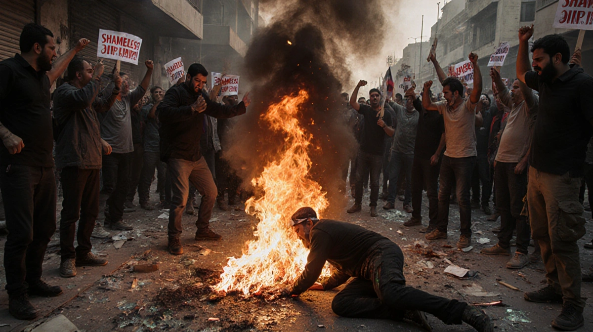 Protesters shouting Shameless with flames and smoke while a wounded Basij member lies in the foreground