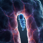 Bacteria cell navigating a tight gut bottleneck with a corkscrew flagellum rotating in deep blue fluid