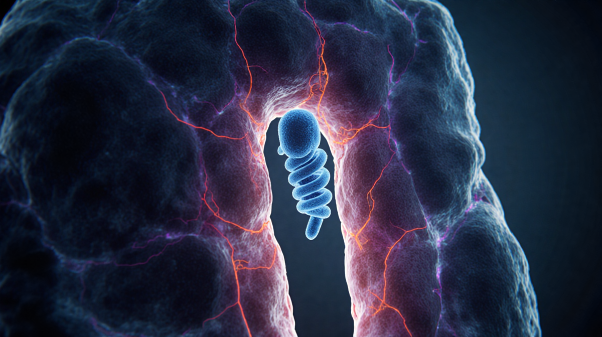 Bacteria cell navigating a tight gut bottleneck with a corkscrew flagellum rotating in deep blue fluid