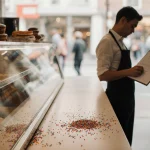 Employee holding a one‑day notice stands beside a bakery counter with an empty shelf and scattered sprinkles
