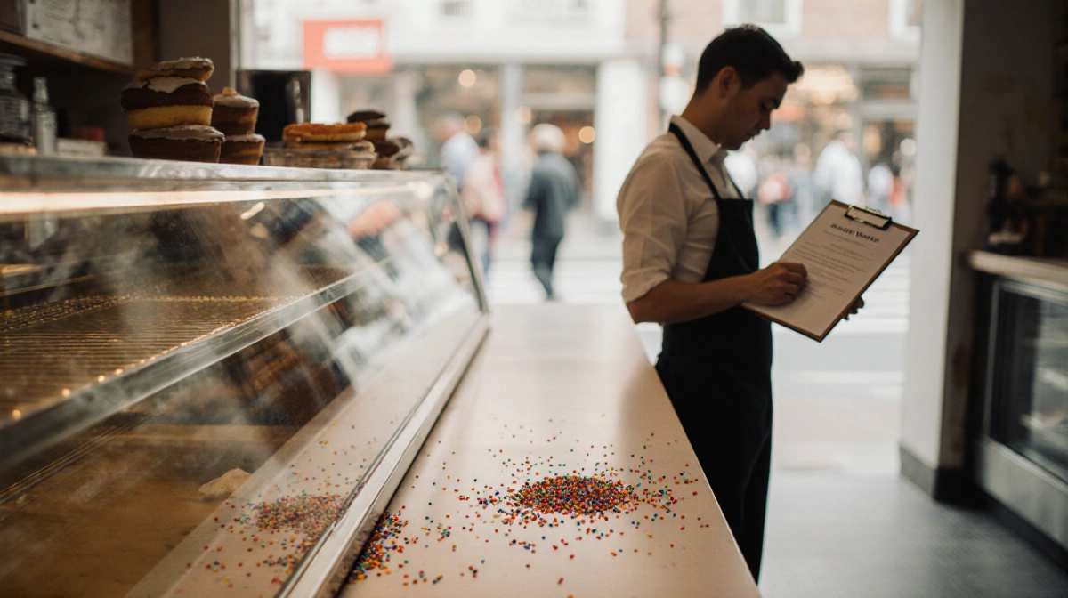 Employee holding a one‑day notice stands beside a bakery counter with an empty shelf and scattered sprinkles