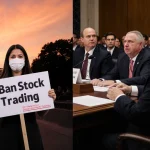 Rep. Anna Paulina Luna holds a Ban Stock Trading sign with Capitol lawmakers debate stock trading regulations in hearing room
