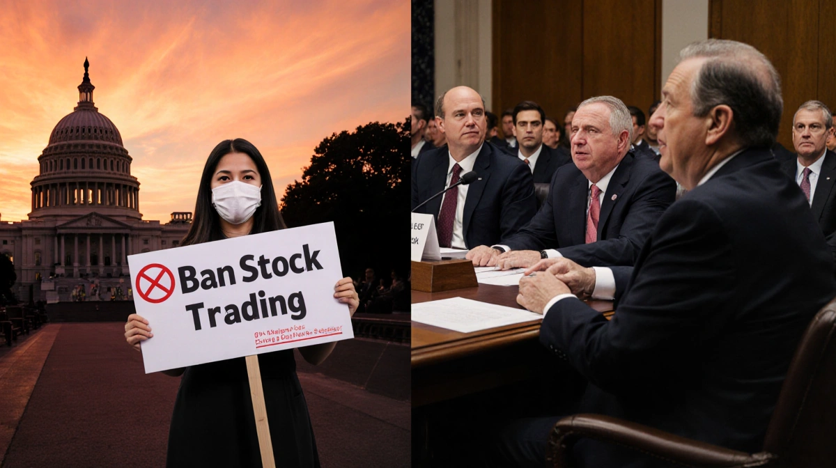 Rep. Anna Paulina Luna holds a Ban Stock Trading sign with Capitol lawmakers debate stock trading regulations in hearing room