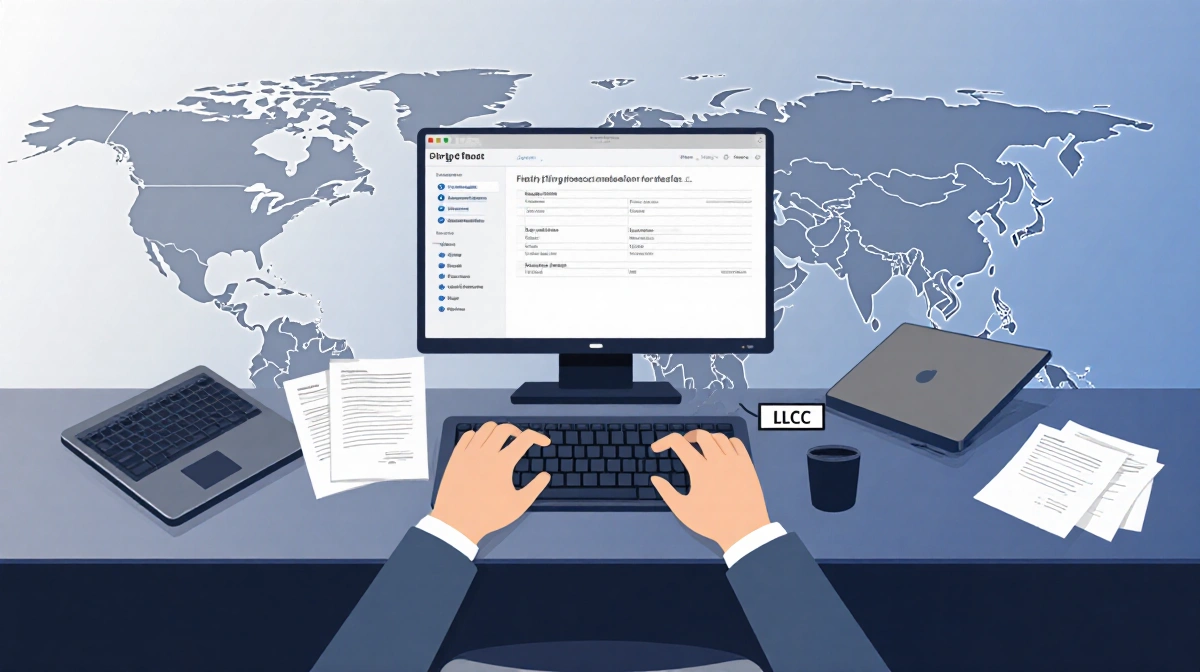 Person sitting at a desk completing LLC formation with a workspace and a blurred gradient of state maps behind and band logo.