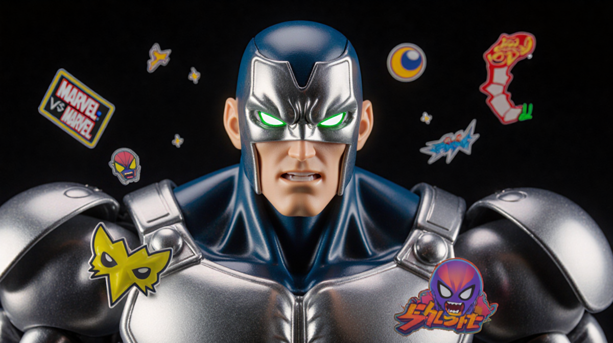 Marvel figure stands with glowing eyes against dark metallic background and nostalgic Bengus-inspired art